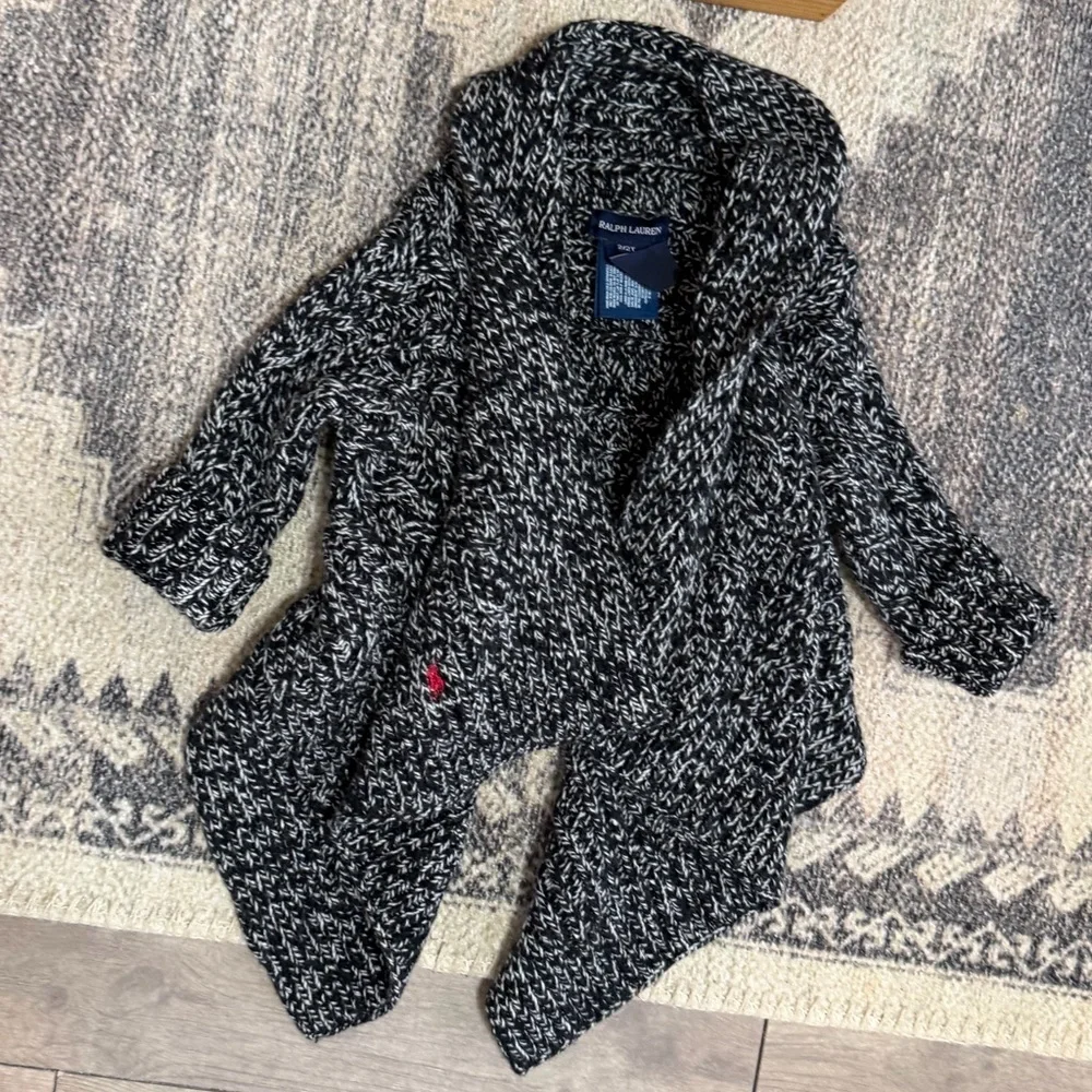 Ralph Lauren Toddler Girl Chunky Knit Black & White Marled Shawl-Collar Cardigan